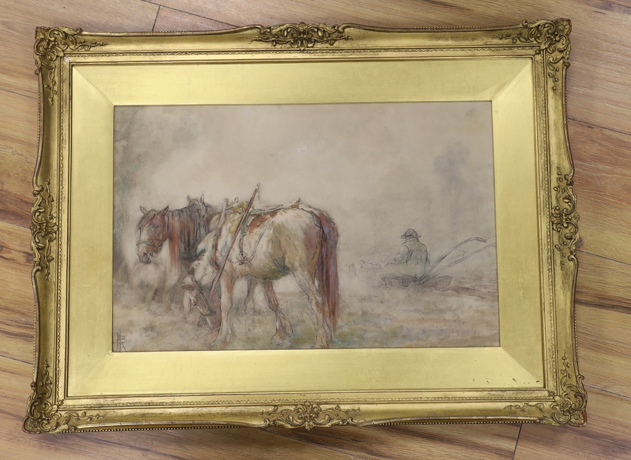 Nathaniel Hughes Baird (1865-1936), watercolour, Ploughman and plough horses at rest, monogrammed, 30 x 47cm